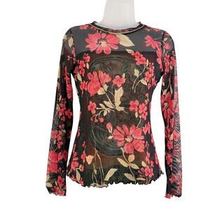 Anac by Kimi Size Medium Black Red Floral Sheer Top Artsy Fitted Romantic